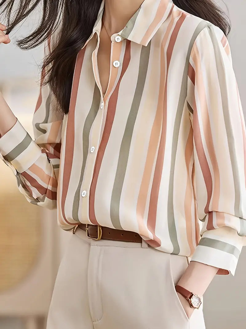 Striped Button-Down Shirt, Vintage Long Sleeve Blouse for Women, Spring & Fall Fashion