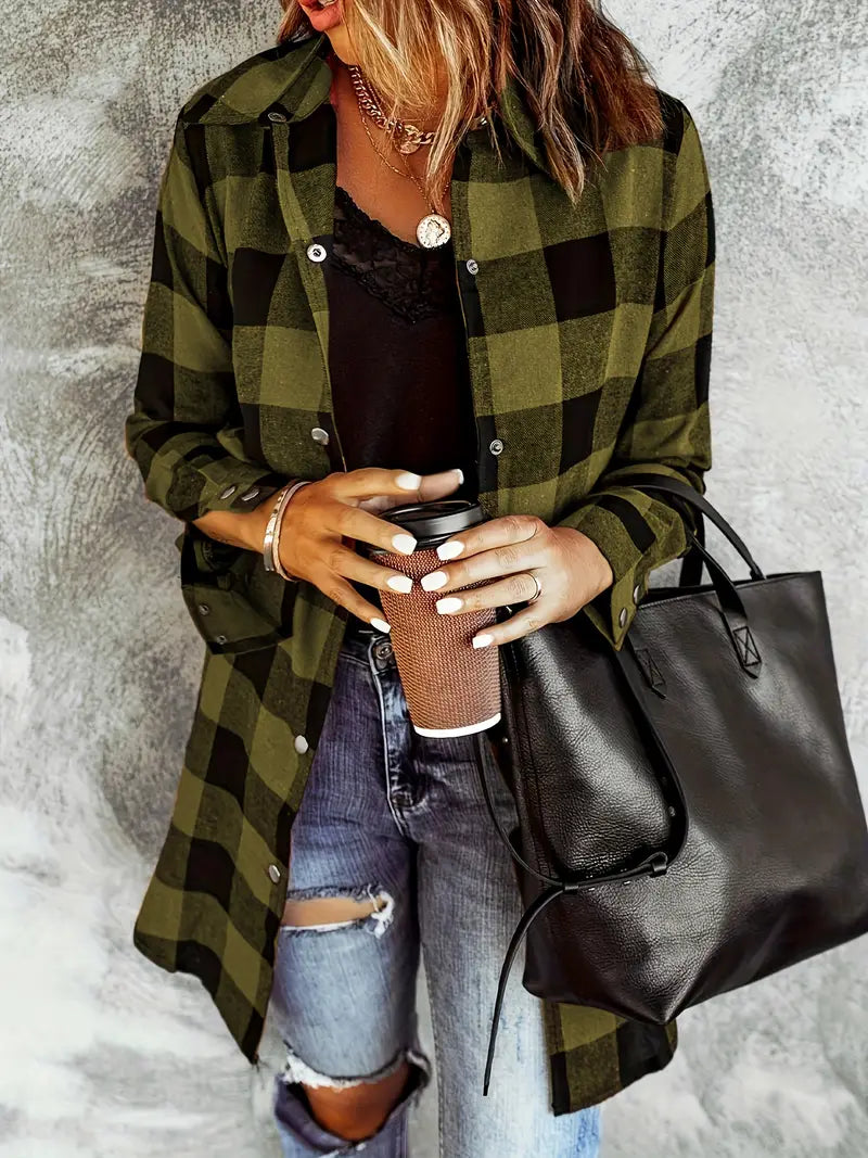 Women's Plaid Button-Down Long Sleeve Shirt, Casual Spring/Fall Shirt for Women