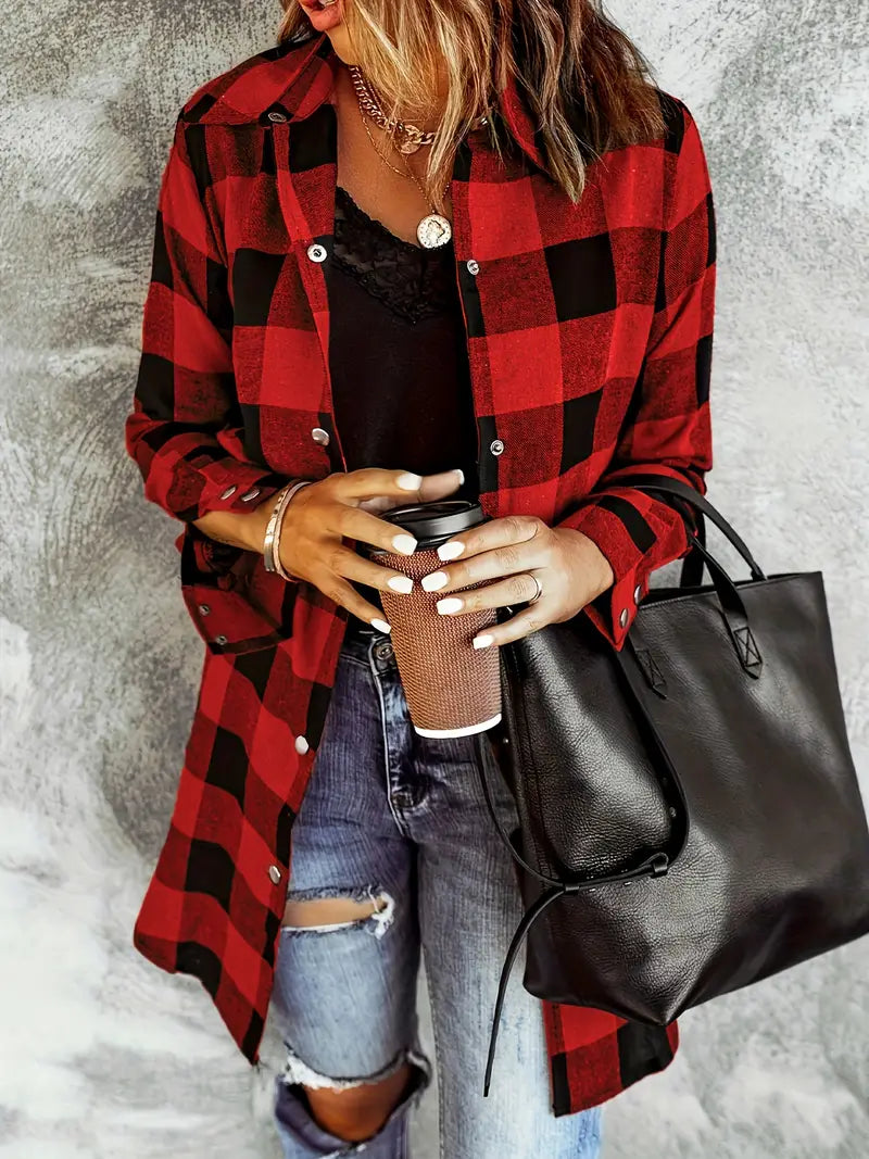 Women's Plaid Button-Down Long Sleeve Shirt, Casual Spring/Fall Shirt for Women