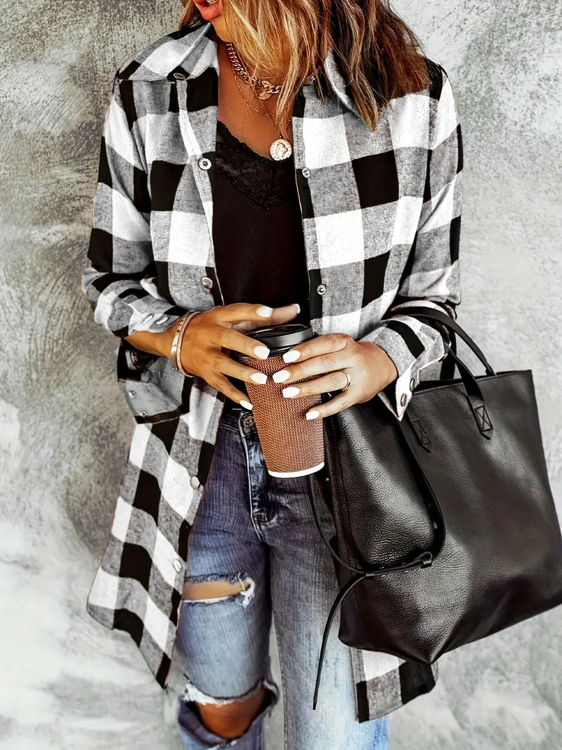 Women's Plaid Button-Down Long Sleeve Shirt, Casual Spring/Fall Shirt for Women