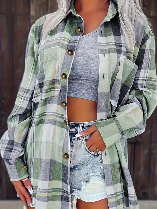 Plus Size Plaid Print Long Sleeve Button-Up Blouse for Women, Loose Fit Lapel Collar Casual Shirt