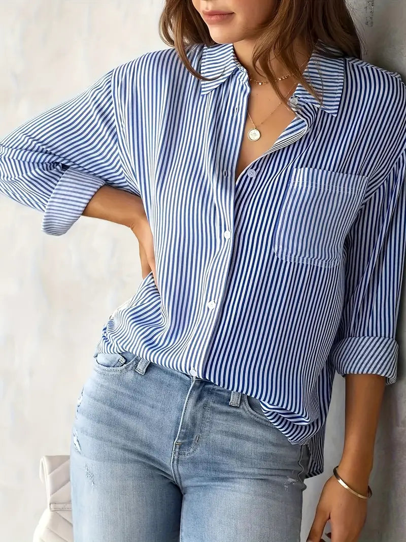 Striped Button-Down Shirt, Long Sleeve Casual Top for Women, Spring & Fall Fashion
