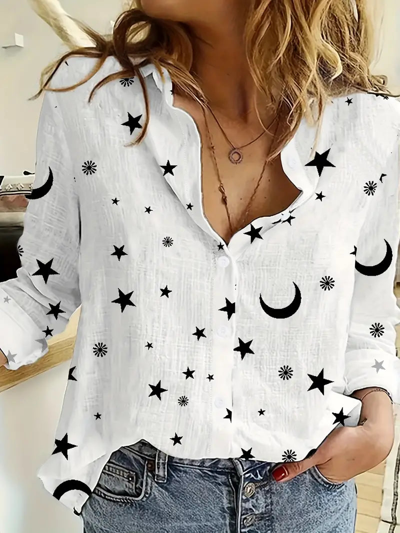 Star & Moon Print Button-Down Blouse, Long Sleeve Casual Top for Spring & Fall, Women's Clothing