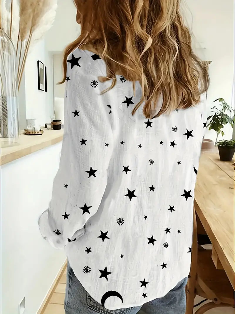 Star & Moon Print Button-Down Blouse, Long Sleeve Casual Top for Spring & Fall, Women's Clothing