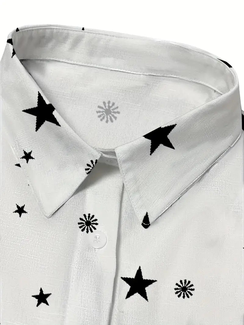 Star & Moon Print Button-Down Blouse, Long Sleeve Casual Top for Spring & Fall, Women's Clothing