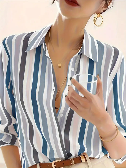 Striped Button-Down Shirt, Vintage Long Sleeve Blouse for Women, Spring & Fall Fashion