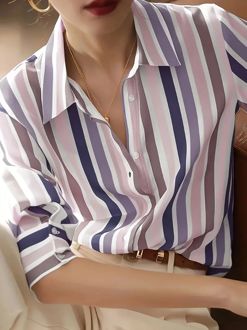 Striped Button-Down Shirt, Vintage Long Sleeve Blouse for Women, Spring & Fall Fashion