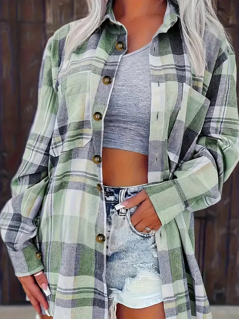 Plus Size Plaid Print Long Sleeve Button-Up Blouse for Women, Loose Fit Lapel Collar Casual Shirt