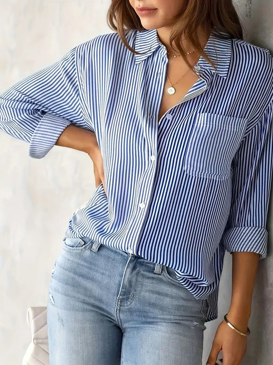 Striped Button-Down Shirt, Long Sleeve Casual Top for Women, Spring & Fall Fashion