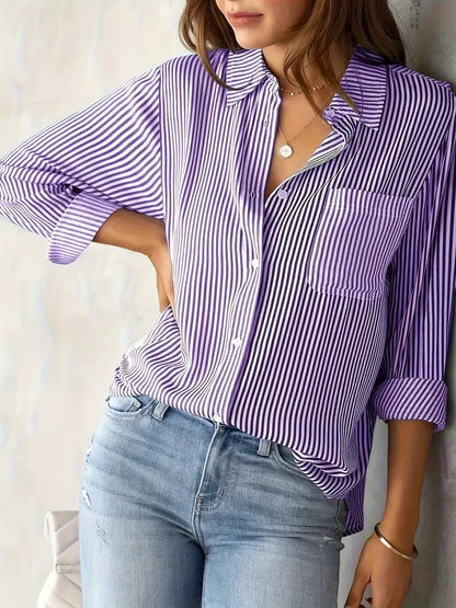 Striped Button-Down Shirt, Long Sleeve Casual Top for Women, Spring & Fall Fashion
