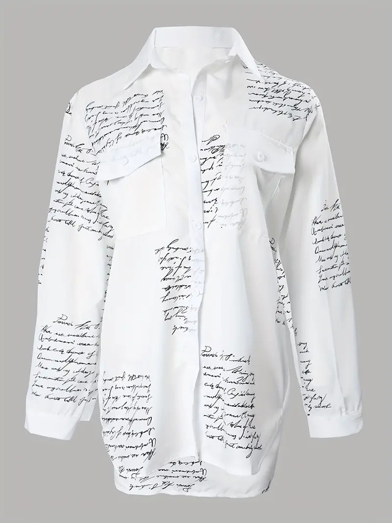 Letter Print Shirt, Casual Button Front Long Sleeve Shirt, Women's Clothing