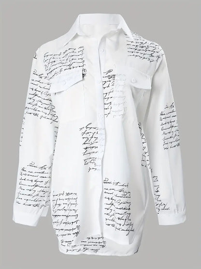 Letter Print Shirt, Casual Button Front Long Sleeve Shirt, Women's Clothing