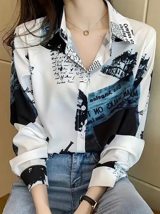 Letter Print Button Front Shirt, Vintage Long Sleeve Shirt For Spring & Fall, Women's Clothing