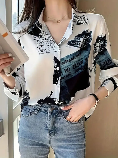 Letter Print Button Front Shirt, Vintage Long Sleeve Shirt For Spring & Fall, Women's Clothing