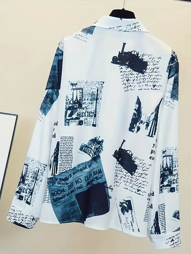 Letter Print Button Front Shirt, Vintage Long Sleeve Shirt For Spring & Fall, Women's Clothing