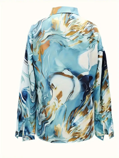 Marble Print Button Up Shirt, Elegant Long Sleeve Collared Shirt For Spring & Fall, Women's Clothing