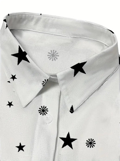 Star & Moon Print Button-Down Blouse, Long Sleeve Casual Top for Spring & Fall, Women's Clothing